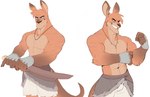 abs anthro beard clothing countershading facial_hair fingerless_gloves flexing flexing_bicep gloves grin handwear jewelry male markings muscular muscular_male necklace pecs scabbard shirtless simple_background smile solo standing striped_markings stripes mtraon kangaroo macropod mammal marsupial 2021