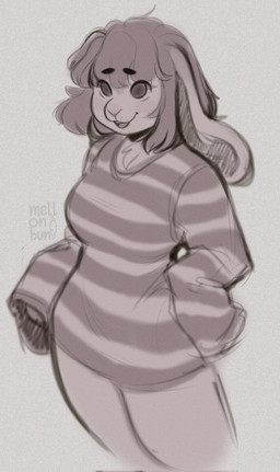 anthro biped bottomless breasts clothed clothing female floppy_ears hair long_sleeves open_mouth oversized_sleeves pattern_clothing pattern_sweater pattern_topwear sleeves_past_wrists solo standing striped_clothing striped_sweater striped_topwear stripes sweater topwear mellonbun lagomorph leporid mammal rabbit 2021 digital_media_(artwork) hi_res monochrome portrait three-quarter_portrait