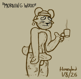anthro balls clothing container cup erection genitals male morning_wood mug pajamas penis sleeping_cap slumped solo tail tired honeybud twinkie_(honeybud) bear mammal