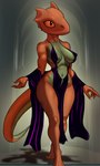 2024 anthro argonian belly bethesda_game_studios bluedraggy breasts brown_body clothing collarbone dress feet female glistening glistening_breasts green_belly green_body hi_res microsoft navel nipple_outline oblivion prequel_adventure purple_clothing purple_dress quill-weave scalie solo the_elder_scrolls wide_hips