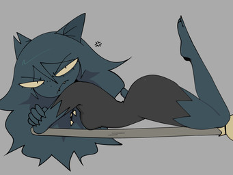 annoyed anthro broom broom_riding cleaning_tool clothing cross-popping_vein dark_body dark_fur fangs female fur hair long_hair looking_at_viewer lying on_front pose short_tail simple_background solo tail teeth yellow_eyes xarop77 catwitch_(xarop77) domestic_cat felid feline felis mammal 2026 4:3 full-length_portrait hi_res portrait shaded
