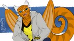 anthro blue_eyes cheek_horn clothed clothing facial_horn horn male membrane_(anatomy) membranous_wings nose_horn orange_body orange_scales scales solo tail wings shirahoshid mythology chem_(dragon_chem) chameleon dragon hybrid lizard mythological_creature mythological_scalie reptile scalie 16:9 hi_res widescreen