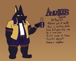 anthro anubis arm_hair belly_hair body_hair bottomwear chest_hair clothing container cup deity dress_shirt egyptian_mythology felineflustered hybrid jackel leg_hair male middle_eastern_mythology model_sheet mug musclegut muscular mythology shirt shorts solo t-shirt text topwear