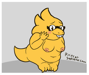 anthro areola blush blushing_at_viewer blushing_profusely border breasts eyewear eyewear_on_head eyewear_only female glasses glasses_on_head glasses_only inverted_nipples nipples nude puffy_areola puffy_nipples shy slightly_chubby slightly_chubby_anthro slightly_chubby_female solo tail wearing_glasses white_border yellow_body pixiecatsupreme undertale undertale_(series) alphys hi_res