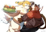 anthro asian_clothing belly big_belly birthday_cake blush bottomwear cake clothing dessert duo east_asian_clothing eyes_closed eyewear food fundoshi glasses hand_holding japanese_clothing kemono male male/male moobs nipples overweight overweight_male shorts simple_background underwear white_clothing white_fundoshi white_underwear art_hoshi domestic_cat felid feline felis mammal 2023 hi_res