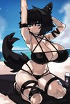 beach big_breasts bikini black_hair breasts cleavage clothed clothing female hair huge_breasts kneeling on_towel seaside solo swimwear towel two-piece_swimsuit zanamaoria raine_(zanamaoria) animal_humanoid canid canid_humanoid canine canine_humanoid humanoid mammal mammal_humanoid wolf_humanoid absurd_res hi_res