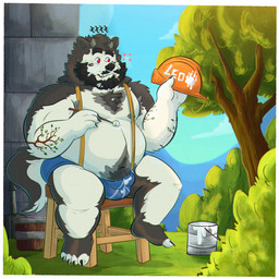 anthro armor beard belly bulge clothing detailed_background facial_hair grey_body hard_hat headgear helmet male moobs mustache nipples outside overweight overweight_male plant sitting solo tattoo tree underwear white_body 06junior11 canid canine canis mammal wolf 1:1 2025 absurd_res hi_res