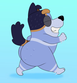 anthro big_butt black_eyes black_nose blue_body blue_ears blue_fur blue_tail bodily_fluids brown_body brown_fur brown_tail butt eyes_closed fur happy male motion_lines multicolored_body multicolored_fur multicolored_tail one_ear_up side_view smile solo sweat tail teeth thick_thighs walking colossalstars bluey_(series) stripe_heeler australian_cattle_dog canid canine canis cattledog domestic_dog herding_dog mammal pastoral_dog 2026 absurd_res digital_media_(artwork) hi_res