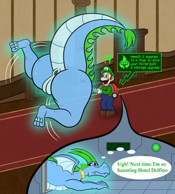 anus big_butt blue_body butt cleaning_tool clothing detailed_background dialogue door duo exclamation_point facial_hair female feral genitals green_clothing green_hat green_headwear hallway hat headgear headwear inanimate_pred inside male male_human mansion membrane_(anatomy) membranous_wings mustache offscreen_character overalls poltergust_3000 question_mark red_carpet red_eyes stuck tail_anus text thought_bubble vacuum_cleaner vacuum_vore vore vulva wings sharkinwaves danny_phantom luigi's_mansion mario_bros mythology nickelodeon nintendo luigi princess_dorathea dragon ghost human mammal mythological_creature mythological_scalie scalie spirit crossover english_text hi_res