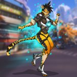 alternate_species anthro black_hair clothing day ear_piercing ear_ring eyewear female fur goggles hair human_to_feral markings on_one_leg open_mouth outside piercing ring_piercing solo species_transformation spots spotted_body standing surprise torn_clothing transformation yellow_body yellow_fur blacksheeptfs blizzard_entertainment overwatch tracer_(overwatch) cheetah felid feline human mammal 1:1 2020 absurd_res hi_res