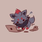 ambiguous_gender computer credit_card electronics feral fur grey_body grey_fur laptop quadruped simple_background solo tail tail_motion tailwag wallet advos nintendo pokemon generation_5_pokemon pokemon_(species) zorua 1:1 digital_media_(artwork)