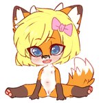 accessory anthro blonde_hair blue_eyes blush bow_(feature) bow_accessory bow_ribbon chibi female flat_chested flexible fur genitals hair hair_accessory hair_bow hair_ribbon horn looking_at_viewer navel nipples nude orange_body orange_fur pussy ribbons sitting solo splits spread_legs spreading young young_anthro young_female aoizuri katinka canid canine fox mammal red_fox true_fox 1:1 low_res