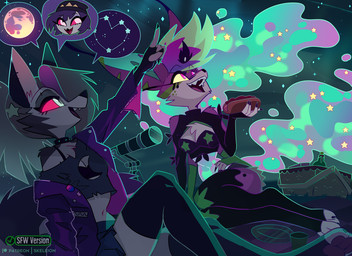 4_arms anthro breasts cleavage clothed clothed_anthro clothed_female clothing duo eyebrows eyelashes fangs feet female female_anthro fingers food gesture grey_hair hair hand_gesture holding_food holding_object long_hair multi_arm multi_limb open_mouth open_smile pointing red_eyes red_sclera sky smile star starry_sky tail teeth telescope toes tongue white_eyes yellow_sclera skeleion hellaverse helluva_boss mythology loona_(helluva_boss) octavia_(helluva_boss) queen_bee-lzebub_(helluva_boss) arthropod canid canid_demon canine demon fox hellhound hybrid insect mammal mythological_canine mythological_creature 2026 pictographics