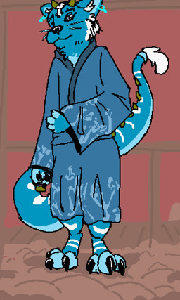 blue_body blue_fur claws clothing digitigrade dipstick_tail ear_piercing ear_ring feet fur grey_eyes horn looking_at_viewer markings piercing ring_piercing robe simple_background standing striped_markings stripes tail tail_markings white_stripes jaxfera mythology morisu_ryujin dragon felid hybrid mammal mythological_creature mythological_scalie pantherine scalie tiger 2026 digital_drawing_(artwork) digital_media_(artwork)