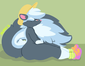 anthro biped black_body black_fur clothing femboy flat_cap fluffy footwear fur hat headgear headwear legwear male mostly_nude red_eyes shoes side_view simple_background sitting sneakers socks solo stripes white_body white_fur frumples animal_crossing nintendo kicks_(animal_crossing) mammal mephitid skunk striped_skunk 2016 digital_media_(artwork)