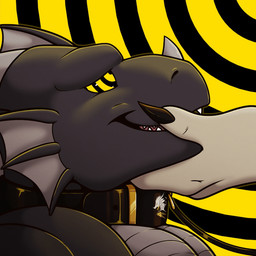 abstract_background anthro black_body claws collar dorsal_fin dorsal_frill duo ear_fins fin frill_(anatomy) grey_body hand_on_chin horn hypnosis leash male male_focus mind_control multicolored_body ringed_background ringed_eyes smile solo_focus submissive submissive_male thedecisivepanda mythology negadrake sol_(drgnsol) dragon mythological_creature mythological_scalie scalie 1:1 2026 animated
