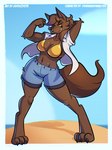anthro arm_tuft beach big_breasts bikini bikini_top bottomwear breasts brown_body brown_fur brown_hair clothed clothing collarbone denim denim_bottomwear denim_clothing denim_shorts digitigrade elbow_tuft eyebrow_through_hair eyebrows eyelashes female flexing fur hair hand_behind_head navel open_clothing open_shirt open_topwear outside shirt shorts smile solo swimwear topwear translucent translucent_hair tuft two-piece_swimsuit yellow_sclera psicoyote golden_week mythology canid canine canis mammal mythological_canine mythological_creature werecanid werecanine werecreature werewolf wolf 2025 hi_res