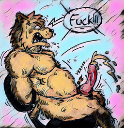 anthro armpit_hair balls bdsm bodily_fluids body_hair bondage bound cum cumshot ejaculation erection fur genital_fluids genitals male muscular muscular_anthro muscular_male orgasm penis solo text unknown_artist bear mammal source_request