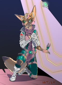 anthro breasts cleavage clothed clothing dipstick_tail electronics female flight_suit gloves handwear headgear headphones headset jacket kneeling markings multicolored_tail prosthetic prosthetic_arm prosthetic_limb solo tail tail_markings topwear wrenchthrower nintendo star_fox fara_phoenix canid canine fennec_fox fox mammal true_fox hi_res signature