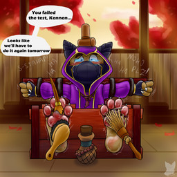 4_fingers 4_toes anthro blush bodily_fluids bottle brush claws clothing container crying_laughing dialogue feet finger_claws fingers foot_fetish laugh male mask ninja pawpads paws purple_clothing restrained_arms restraints solo speech_bubble stocks tears text tickle_fetish tickle_torture tickling tickling_feet toe_claws toes warrior wearing_mask misterfuchs league_of_legends riot_games tencent kennen_(lol) yordle 1:1 english_text hi_res