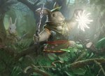 ambiguous_gender anthro black_eyes clothing club_(weapon) duo fungus fur grass grey_body grey_fur hat headgear headwear holding_club holding_light holding_melee_weapon holding_object holding_sword holding_weapon jewelry leaf leaf_hat melee_weapon mushroom necklace plant standing sword tree vines weapon white_body white_fur artur_treffner hasbro magic:_the_gathering wizards_of_the_coast lagomorph leporid mammal rabbit 2024 hi_res