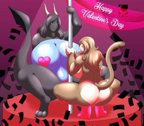 anthro big_breasts big_butt breasts butt clothed clothing crouching dancing duo female huge_breasts non-mammal_breasts pasties pole pole_dancing size_difference spread_legs spreading stripper_pole tail thong topless underwear lunisnightwind mythology amber_(lunis1992) liena_blackheart dragon haplorhine mammal monkey mythological_creature mythological_scalie primate scalie