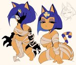:< anthro arm_wraps big_breasts big_butt big_claws big_hands black_markings blue_hair bob_cut bottomwear breasts butt chest_wraps claws cleavage clothed clothing creepy eyelashes featureless_feet feet female hair lidded_eyes loincloth looking_at_viewer markings midriff monster_hands narrowed_eyes navel obscured_eyes obscured_face pupils shadow_face short_stack simple_background sitting slit_pupils solo standing stare striped_markings striped_tail stripes tail tail_markings thick_thighs under_boob uraeus white_background wide_hips wraps yellow_body shybred animal_crossing nintendo ankha_(animal_crossing) domestic_cat felid feline felis mammal monster 2025 digital_media_(artwork) guide_lines hi_res multiple_images