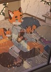 anthro bed bedroom butt clothing feet fur furniture hindpaw inside jockstrap kemono looking_at_window male on_bed orange_body orange_fur paws raining shirt solo tail topwear underwear white_body white_fur window milkybot juncos_(jayfeath3r) canid canine fox mammal 2025 absurd_res hi_res