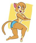 anthro bottomwear breasts clothed clothing female fur happy looking_at_viewer nipples open_mouth open_smile rear_view shorts smile solo tan_body tan_fur topless electricplasmid lily_(gabbah) domestic_cat felid feline felis mammal 2018 absurd_res hi_res