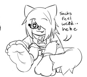 anthro big_feet bottomless claws clothed clothing collar dialogue eyewear feet fluffy fluffy_tail foot_focus footwear glasses male partially_clothed paws pubes shirt shirt_only simple_background socks solo tail teeth topwear topwear_only tuft wearing_glasses marpypawz marpy_(marpystar) canid canine canis domestic_dog mammal monochrome