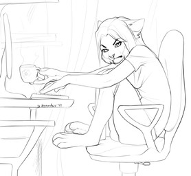 anthro barefoot biped clothed clothing computer container cup electronics eyebrows feet female grumpy hair looking_at_viewer partially_clothed solo kyander domestic_cat felid feline felis mammal 2014 monochrome sketch