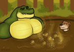 anthro disgust duo eyes_closed fart fart_bubbles male male/male mud mud_bath muscular muscular_anthro muscular_male pecs size_difference smelly stink_fumes stink_lines swamp lesicko crocodile crocodilian mammal mustelid otter reptile scalie absurd_res hi_res