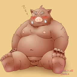 anthro balls belly blush brown_body brown_fur eyes_closed foreskin fur genitals humanoid_genitalia humanoid_hands humanoid_penis kemono male moobs navel nipples overweight overweight_anthro overweight_male penis scar simple_background sitting sleeping small_penis solo toshi_(artist) mammal suid suine sus_(pig) wild_boar 1:1 2018 dated