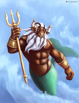 abs anthro barbell_piercing beard brown_body brown_eyes ear_piercing ear_ring facial_hair facial_piercing front_view glistening glistening_eyes grey_hair hair holding_melee_weapon holding_object holding_polearm holding_trident holding_weapon looking_at_viewer male melee_weapon muscular muscular_anthro muscular_male narrowed_eyes nipple_barbell nipple_piercing nipples nose_piercing nose_ring nude pecs piercing polearm ring_piercing septum_piercing septum_ring solo split_form text trident water weapon white_hair satanic_monkey aquatic bovid bovine cattle mammal merfolk artist_name hi_res
