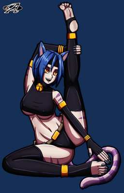 5_fingers 5_toes accessory ankle_accessory anklet areola bandage bell bell_collar belt big_areola black_clothing black_nails blue_hair bound bracelet claws clothing collar colored_nails colored_toenails erect_nipples eye_through_hair fangs feet female fingers fur furry_tail golden_rings grabbing_own_leg hair headband humanoid_feet jewelry logo multicolored_body nails navel necklace nipples open_mouth pale_skin panties plantigrade pointy_ears pupils raised_leg ring_(jewelry) shackled sharp_nails short_hair slit_pupils smile solo stirrup_legwear striped_body striped_fur stripes tail teeth toe_claws toenails toes tongue topwear translucent translucent_hair two_tone_body underwear yellow_eyes artemis-polara manaworld roxy_(manaworld) humanoid absurd_res alpha_channel artist_logo hi_res