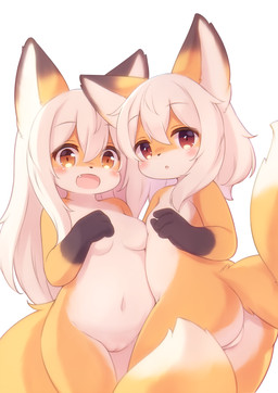anthro biped black_body black_eyebrows black_fur black_nose blush breasts butt cute_fangs duo ear_markings eyebrow_through_hair eyebrows facial_markings fangs featureless_breasts female fur genitals gloves_(marking) hair head_markings innie_vulva kemono looking_at_viewer markings navel nude open_mouth orange_body orange_eyes orange_fur simple_background smile teeth translucent translucent_hair vulva white_background white_body white_fur white_hair young young_anthro young_on_young matsuura canid canine fox mammal 2022 shaded translated_description