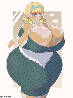 accessory anthro big_breasts blonde_hair breasts curvy_figure ear_piercing ear_tag eyewear female gem glasses hair hair_accessory hair_ribbon hand_on_breast housewife jewelry necklace pearl_(gem) pearl_necklace piercing ribbons solo thick_thighs voluptuous swolptr bovid bovine cattle mammal hi_res