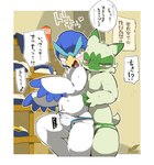 anthro beak biped blue_body blue_eyes blush clothed clothing dialogue duo erection erection_under_clothing fur green_body green_fur green_tail male red_eyes short_tail skimpy speech_bubble tail text underwear white_body yellow_body moesouna_gomi nintendo pokemon anatid anseriform avian bird felid floragato generation_9_pokemon mammal pokemon_(species) quaxwell