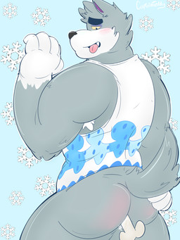 5_fingers anthro armpit_hair blush body_hair bone bottomless clothed clothing cute_fangs fangs fingers fur gloves_(marking) grey_body grey_fur improvised_sex_toy looking_back male markings object_insertion open_mouth rear_view snowflake solo teeth tongue tongue_out white_body white_fur yellow_sclera thecaptainteddy animal_crossing nintendo fang_(animal_crossing) canid canine canis mammal wolf 2015 3:4 hi_res
