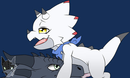 anthro duo erection fellatio genitals horn kerchief male male/male neckerchief neckwear oral penile penis sex size_difference white_body yellow_eyes young rauta2 bandai_namco digimon mythology digimon_(species) dragon gammamon mythological_creature mythological_scalie scalie alpha_channel