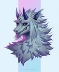 anthro black_lips black_sclera blue_horn bust_portrait chin_tuft ear_piercing ear_ring facial_tuft fur grin hi_res horn ivirius lips male marie_merkh neck_tuft piercing portrait ring_piercing smile solo species_request tuft white_body white_fur yellow_eyes
