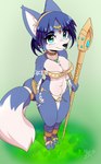 anthro black_nose blue_body blue_fur blue_hair bottomwear breasts clothing female fur gold_(metal) gold_jewelry grass green_eyes hair high-angle_view holding_object holding_staff jewelry loincloth looking_at_viewer plant solo staff standing mirrorreach nintendo star_fox krystal_(star_fox) canid canine fox mammal 2021 absurd_res hi_res