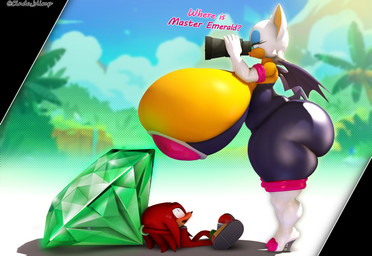 anthro big_breasts big_butt binoculars blush bodily_fluids boots breast_overflow breasts butt clothing duo emerald_(gem) female footwear forest gem high_heeled_boots high_heels huge_breasts huge_butt huge_thighs hyper hyper_breasts jungle larger_female male master_emerald palm_tree plant shoes size_difference smaller_male sweat sweatdrop text thick_thighs tree under_breasts cindablimp sega sonic_the_hedgehog_(series) where_is_chiikawa? knuckles_the_echidna rouge_the_bat bat echidna mammal monotreme 3d_(artwork) digital_media_(artwork) english_text meme