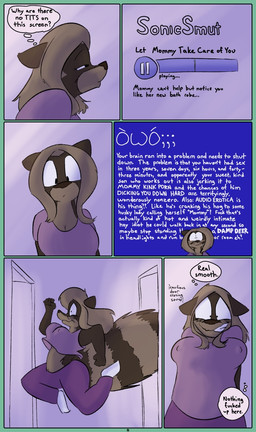 anthro bouncing_breasts breasts female hiding_behind_door hiding_behind_object incestuous_fantasy mature_female nipple_outline nipples_visible_through_clothing running_away solo text thought_bubble dirty_bunny marissa_keys mammal procyonid raccoon comic english_text mother_(lore) parent_(lore)