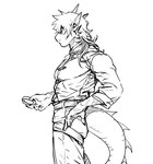 anthro bottomwear clothed clothing grey_body hair holding_object horn looking_away male pants solo tail white_body mm23716 arknights hypergryph mythology studio_montagne lee_(arknights) carp cyprinid cypriniform dragon fish marine mythological_creature mythological_scalie scalie hi_res monochrome sketch