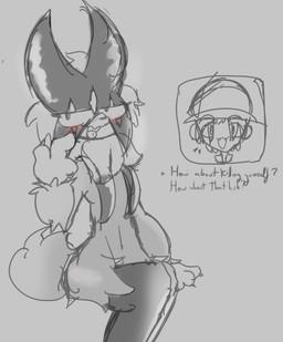 blush female fluffy fur looking_back mask message open_mouth serious sitting smile solo tail text tongue tongue_out lyanmyan nintendo pokemon pokemon_trainer animal_humanoid cat_humanoid felid felid_humanoid feline feline_humanoid generation_9_pokemon humanoid mammal mammal_humanoid meowscarada pokemon_(species) black_and_white monochrome