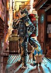 anthro black_body black_fur blue_body blue_eyes blue_fur bus_stop detailed_background duo fur light male male/male science_fiction sunlight tail yellow_body yellow_eyes yellow_fur omicrono vortiganshine canid canine canis mammal wolf absurd_res hi_res