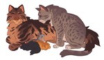 ambiguous_gender back_tuft black_body black_fur blue_eyes brown_body brown_fur cheek_tuft chest_tuft ear_tuft eyebrows eyes_closed facial_tuft family feral fluffy fluffy_tail fur fuzzy grey_body grey_fur group half-closed_eyes looking_at_another looking_down looking_up lying narrowed_eyes neck_tuft orange_body orange_eyes orange_fur simple_background sitting size_difference sleeping smile tail tuft white_background young young_feral ursiday warriors_(book_series) ashfur_(thunderclan) brambleclaw_(warriors) hollyleaf_(warriors) jayfeather_(warriors) lionblaze_(warriors) domestic_cat felid feline felis mammal tabby_cat adopted_(lore) adoptive_father_(lore) brother_(lore) brother_and_sister_(lore) father_(lore) father_and_child_(lore) female_(lore) male_(lore) parent_(lore) parent_and_child_(lore) sibling_(lore) sister_(lore)