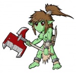 anklet arrow_(weapon) axe bandage bottomwear bow_(weapon) bracelet breasts brown_hair clothing fangs female green_body green_skin hair holding_object holding_weapon humanoid_pointy_ears jewelry loincloth melee_weapon necklace nipples not_furry paws piercing pointy_ears ponytail quiver_(object) ranged_weapon red_eyes solo spikes teeth weapon wraps demon-man humanoid orc low_res