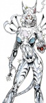 anthro armor breasts claws cybernetics featureless_breasts female looking_at_viewer machine metallic_body missile_launcher missile_pod red_eyes smoke solo spikes wrist_rocket wrist_weapon jim_balent dc_comics cyber_cat cyborg felid feline lynx mammal